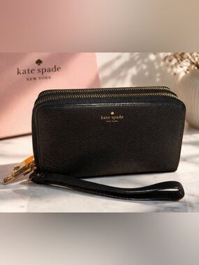 Kate Spade Double Zip Wristlet Wallet Black Leather 7x4